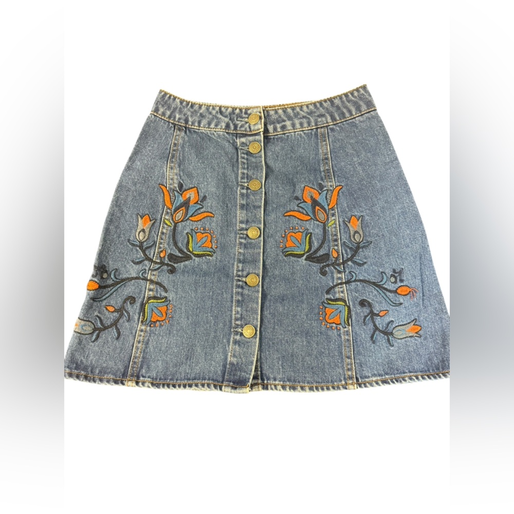 Pull&Bear Blue Denim Skirt with Orange Floral Embroidery